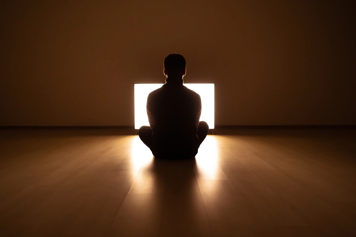 A young man with undifferentiated schizophrenia sits in front of a bright monitor in a dark room.