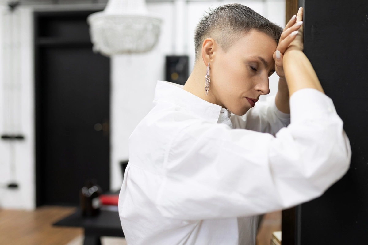 A woman rests her head against a wall.